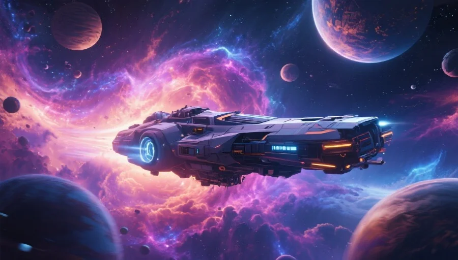 绚丽的虚拟宇宙场景，飞船穿梭在星云与行星之间，充满未来科技感